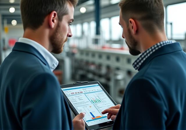 Consultant and factory manager discussing production data in a bright industrial office